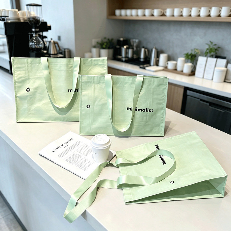 Customized PP laminated woven bag in solid matcha green, large-capacity shopping bag with logo printing, single-shoulder gift bag Customized PP laminated woven bag in solid matcha green, large-capacity shopping bag with logo printing, single-shoulder gift bag