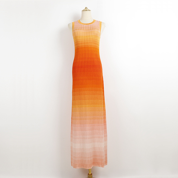 Summer New Fashion Gradient Round Neck Vest Dress Ice Silk Beaded Beach Casual Style Knitted Sleeveless Dress for Women