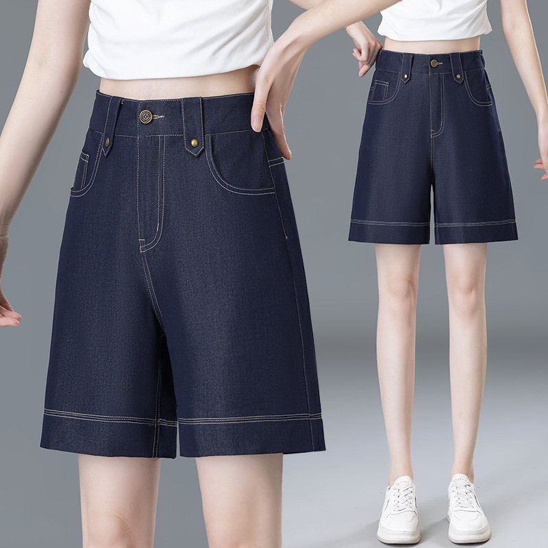Denim Blue Five-Point Ice Silk Denim Shorts Women's Straight Shorts Summer New High-Waist Slim Casual Wide-Leg Mid-Pants Denim Blue Five-Point Ice Silk Denim Shorts Women's Straight Shorts Summer New High-Waist Slim Casual Wide-Leg Mid-Pants