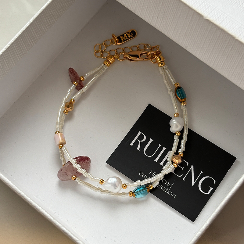 Natural Freshwater Millet Pearl Strawberry Crystal Double-Layer Fine Bracelet Stacked Women's Accessible Luxury Niche Exquisite High-End Jewelry