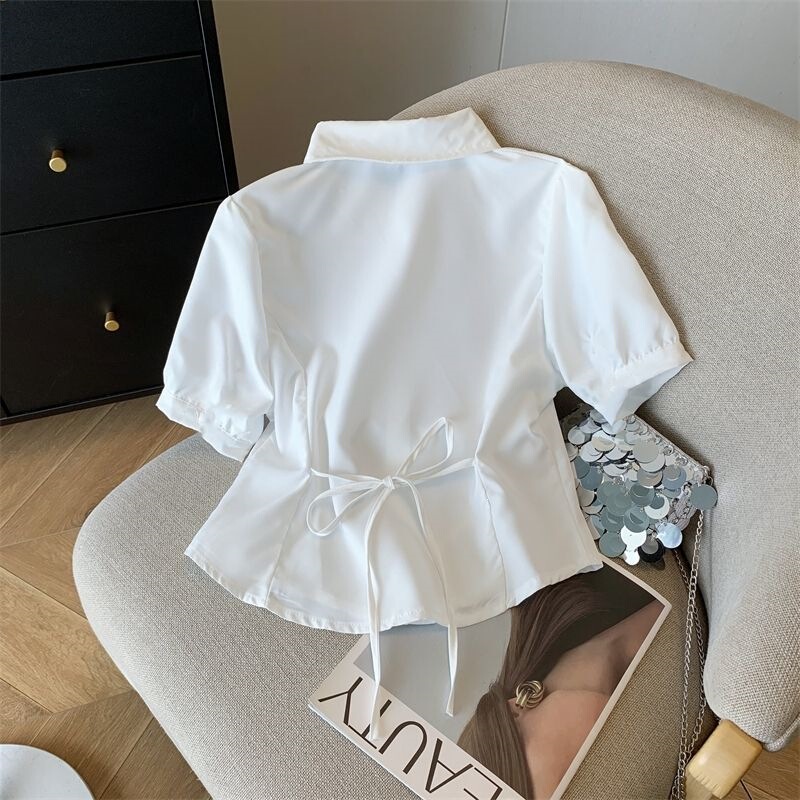 Academy-Style Short-Sleeve White Shirt for Women, Summer Chic Waist-Cinching Slimming Shirt with Unique Back-Tie Design, Niche Jk Top Academy-Style Short-Sleeve White Shirt for Women, Summer Chic Waist-Cinching Slimming Shirt with Unique Back-Tie Design, Niche Jk Top