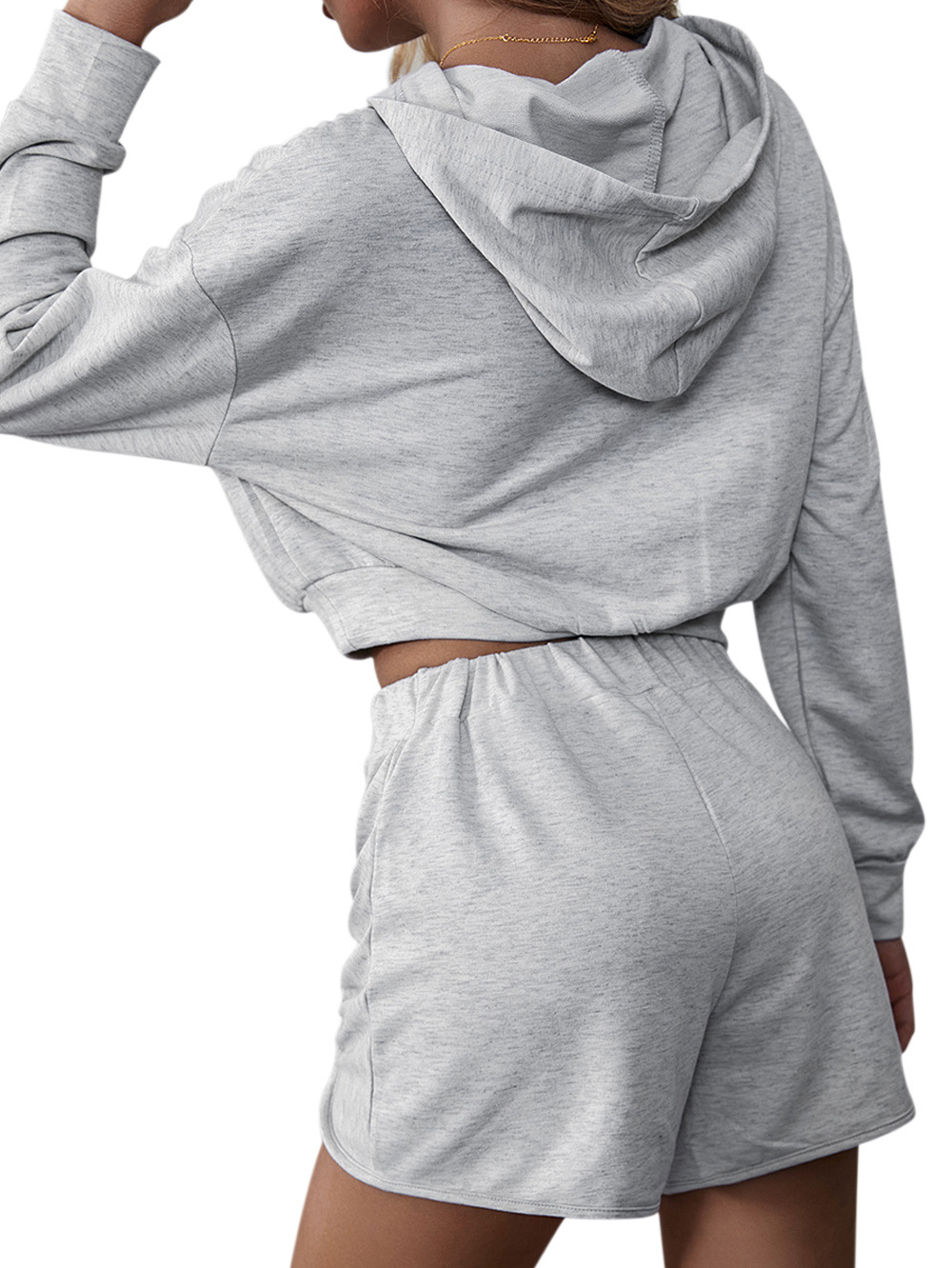 Gray Hooded Ladies Sweater Casual Shorts Set Nihaostyles wholesale clothing vendor NSDF76454