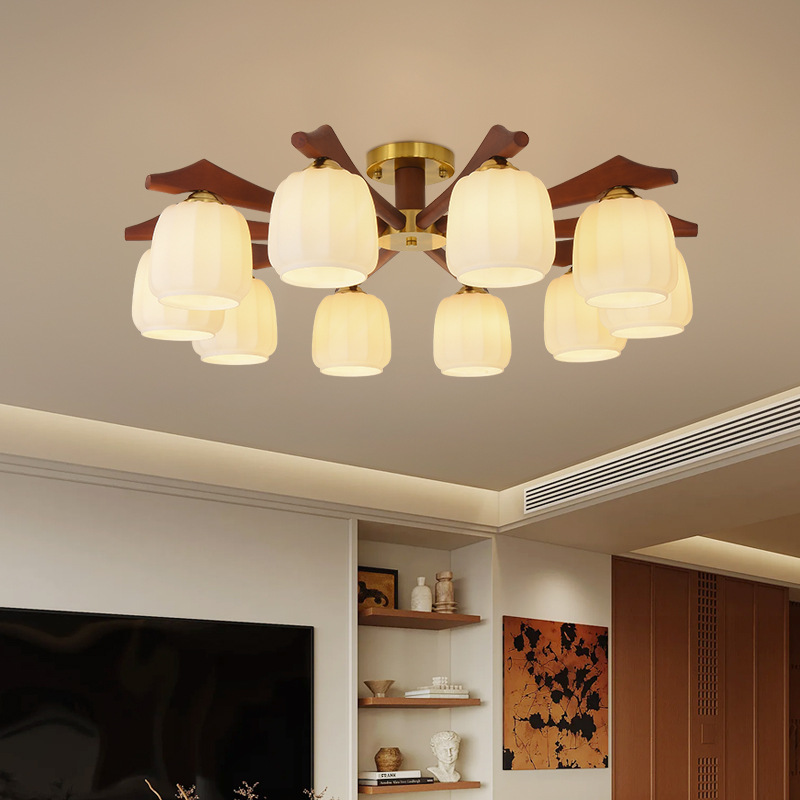 Nueva sensación de candelabro de estilo chino sala de estar madera sólida lámpara de comedor medieval lámpara de nuez dormitorio de melocotón retro estilo antiguo latón alto