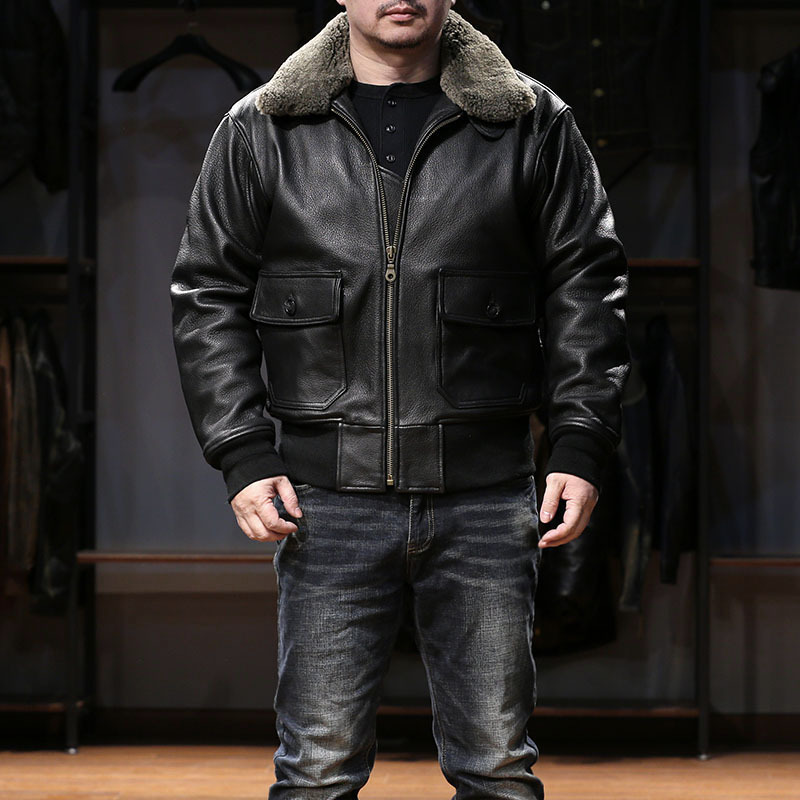 Men’s Genuine Goatskin G1 Bomber Jacket – Detachable Wool Collar, Vintage Flight Style (S-2XL)_voghion.com