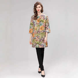 欧洲宫廷风2025大花卉亮片刺绣外套女春秋中长款圆领九分袖名媛风