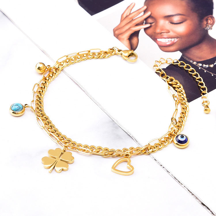 Fashion Four Leaf Clover Heart Shape Eye Titanium Steel Plating Inlay Turquoise Bracelets 1 Piece