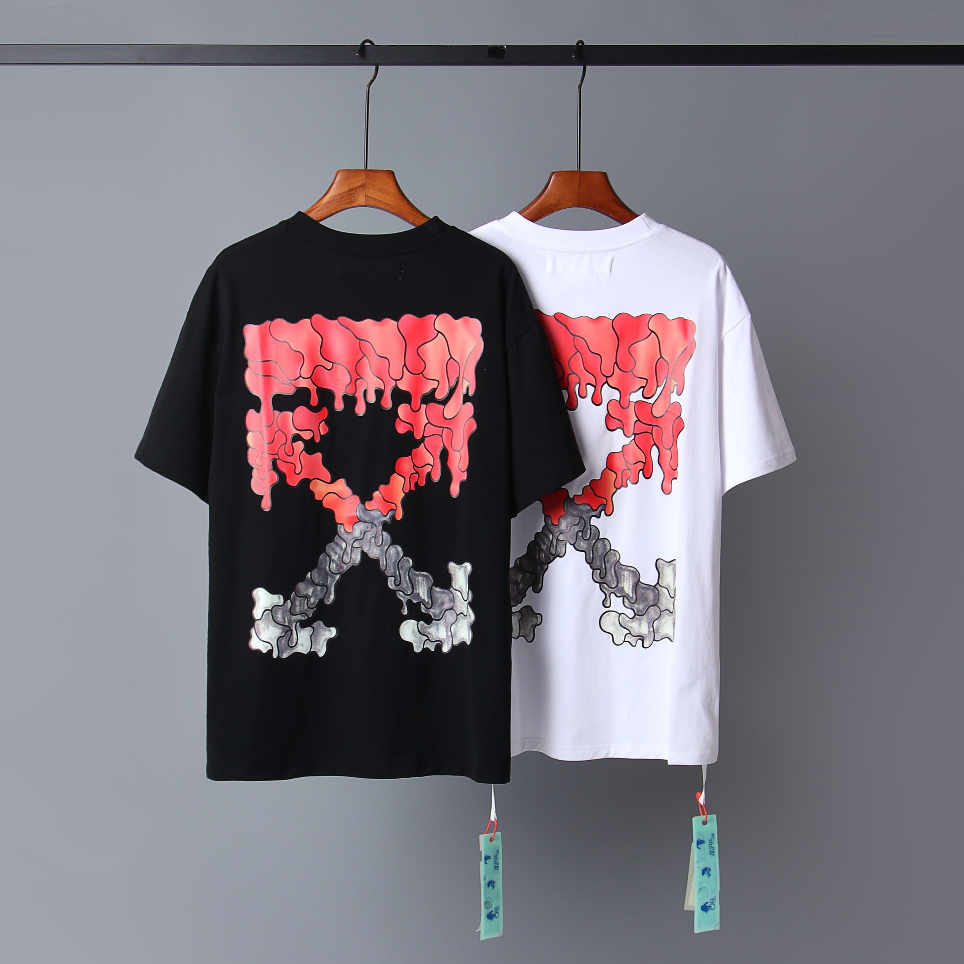 现货offwhale红灰水滴渐变箭头OS版型男款潮牌短袖一件代发