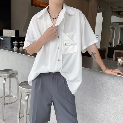 White Ice Silk Short Sleeve Shirt for Men - Summer Thin Model, Cool Style, Relaxed Feel, Draped Collar, British Elegant Cool Men's Clothing