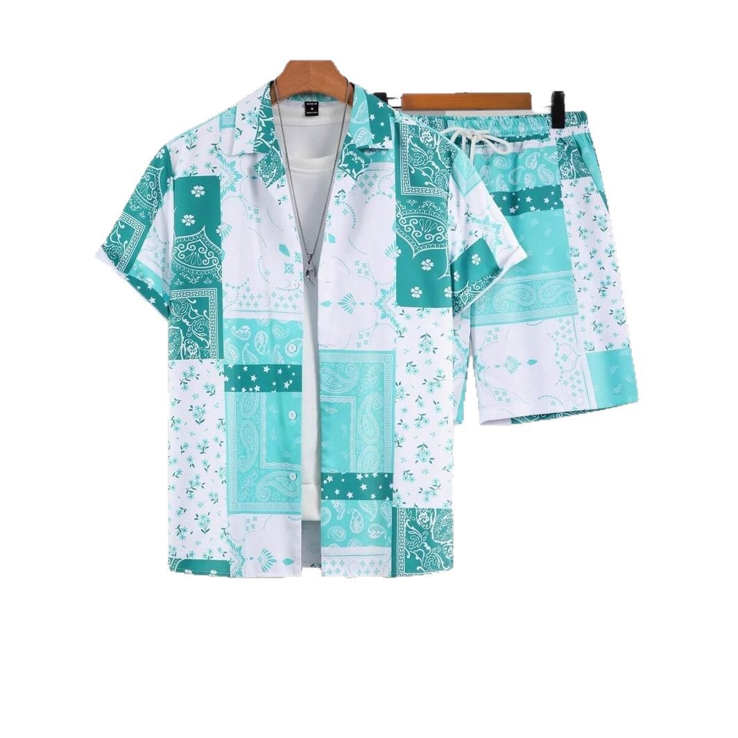 Color de contraste retro tótem impresión 3D comercio exterior Xiyin venta caliente verano hawaiano vacaciones camisa pantalones cortos traje de 2 piezas