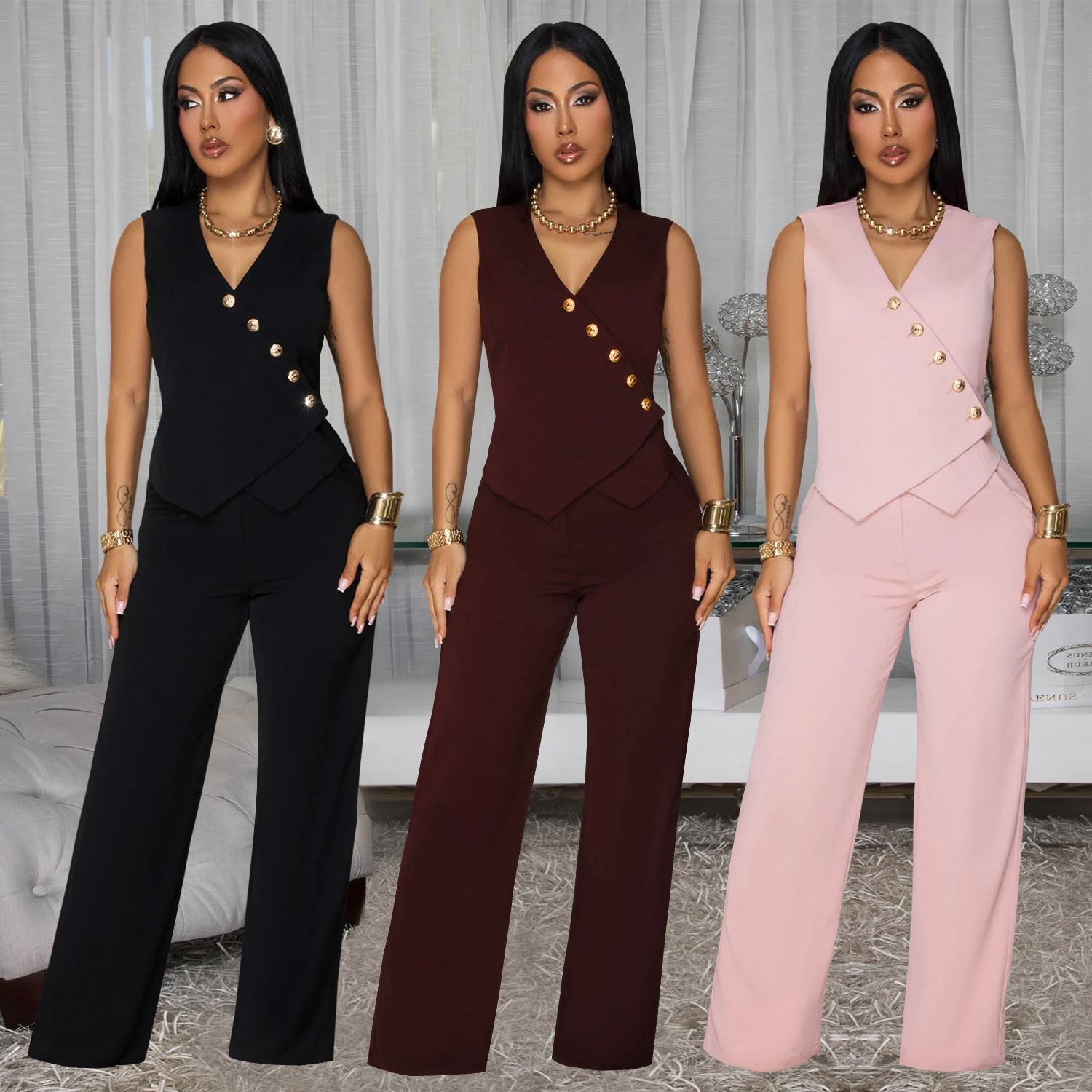 C7496 Aliexpress transfronterizo Amazon Europa y América moda de mujer casual sin mangas v-collar chaqueta pantalones largos de dos piezas nuevo