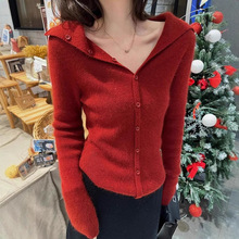 红色V领长袖内搭针织衫女2025年新款秋冬季设计感修身打底上衣服