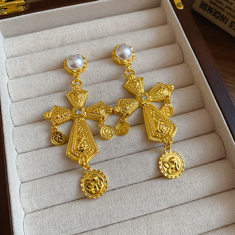 Alloy Material 1 Pair Vintage Style Cross Plating Inlay Alloy Artificial Pearls Rhinestones Drop Earrings