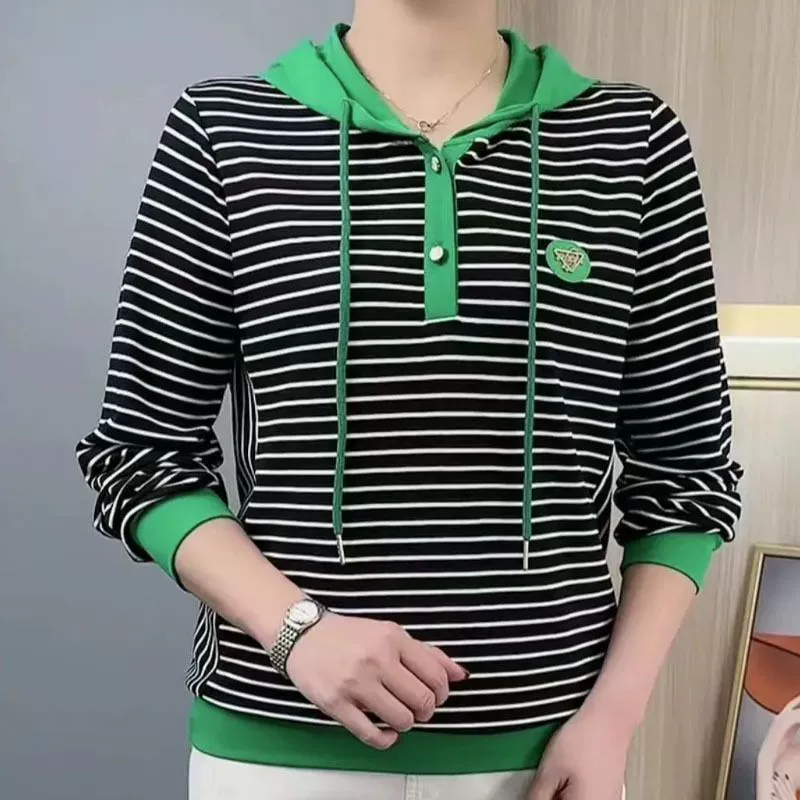 Полосатая толстовка, женская футболка с капюшоном и длинными рукавами, женская новая модная повседневная универсальная футболка для похудения, весенне-осенняя тонкая осенняя одежда