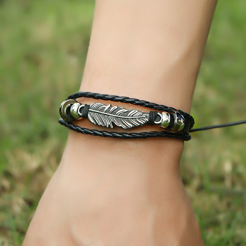 wholesale jewelry feather shape beaded leather bracelet nihaojewelry