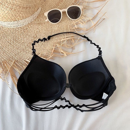 New front button beautiful back bra for girls thin push up backless adjustable bra U sexy halterneck small bra