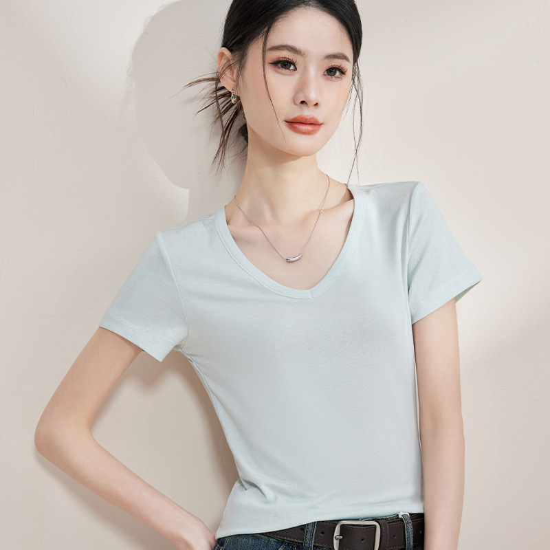 软糯亲肤~羊毛醋酸天丝 V领短袖女春夏新款简约百搭基础款上衣女