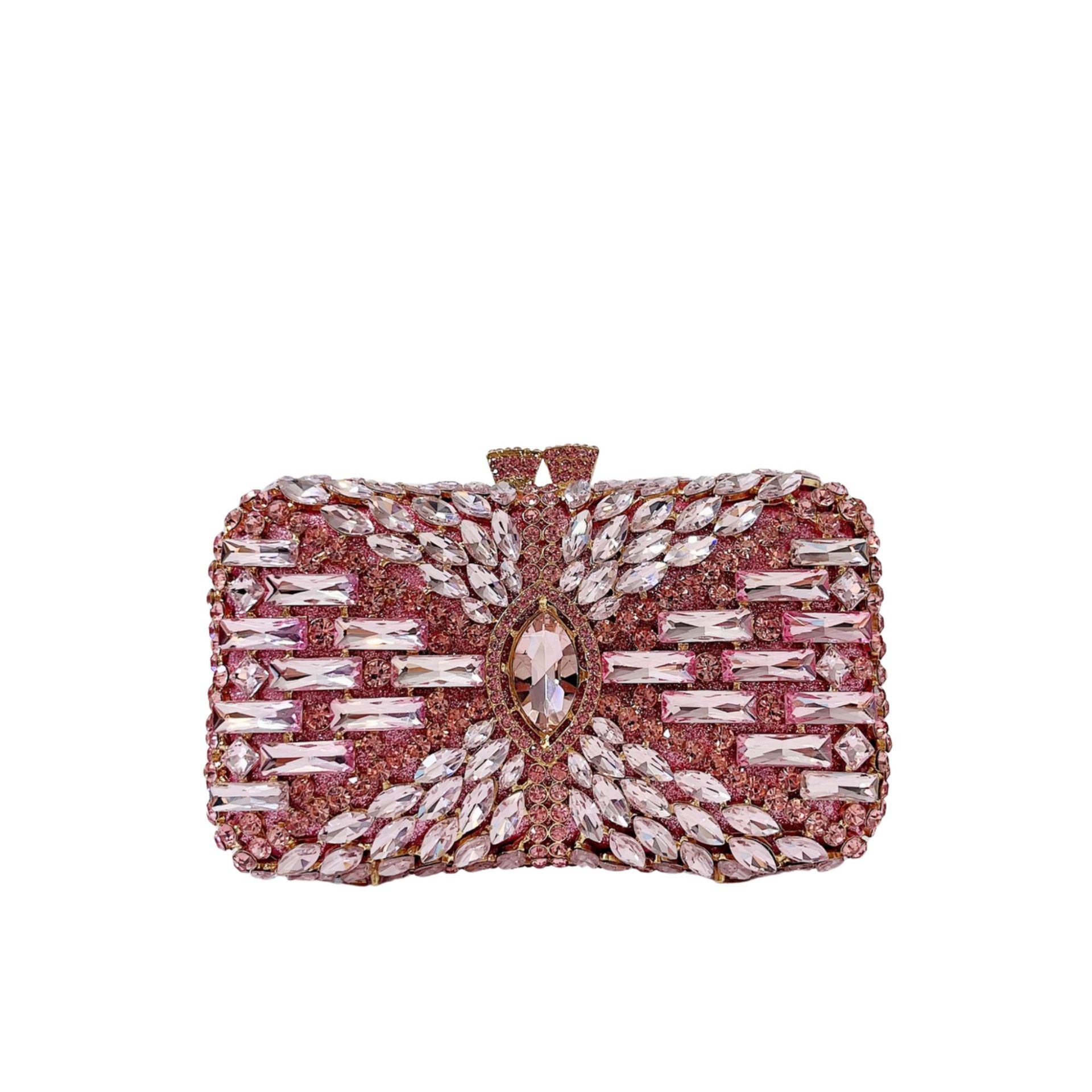 Túi clutch nữ đính đá rhinestone hộp cứng kim loại cầm tay dạ hội — Màu hồng, Hoa violet, Đế vàng kim cương, Màu sâm panh chi tiết 3