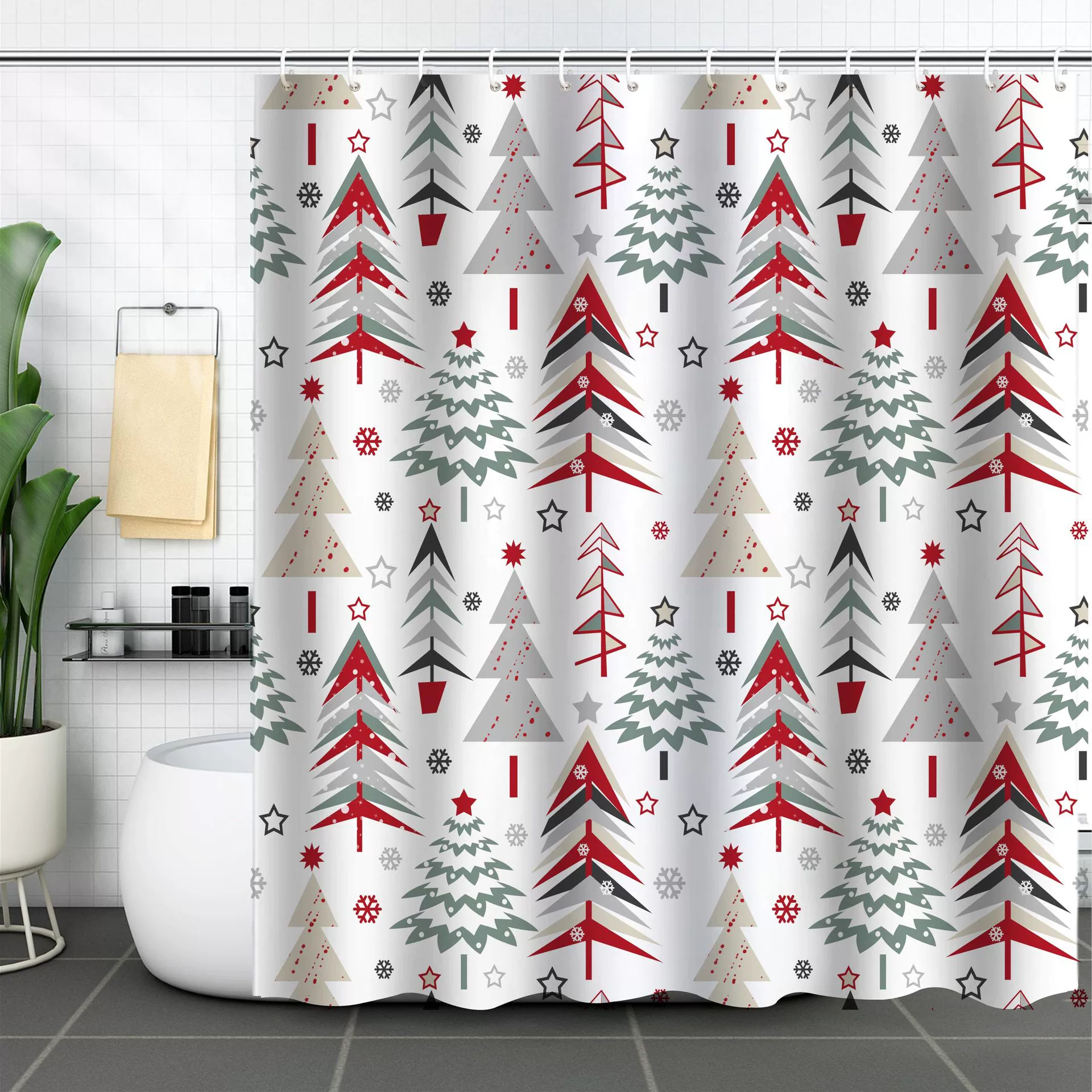 Colorful Merry Christmas shower curtain with hook Christmas tree red star snowflakes seamless pattern funny Christmas shower curtain set