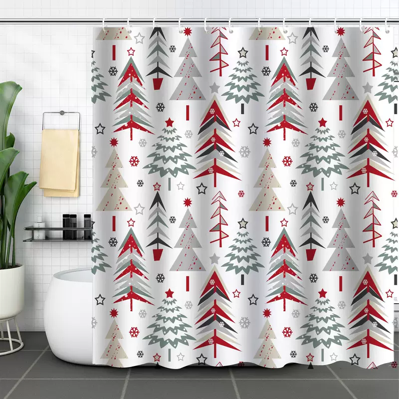 Colorful Merry Christmas shower curtain with hook Christmas tree red star snowflakes seamless pattern funny Christmas shower curtain set
