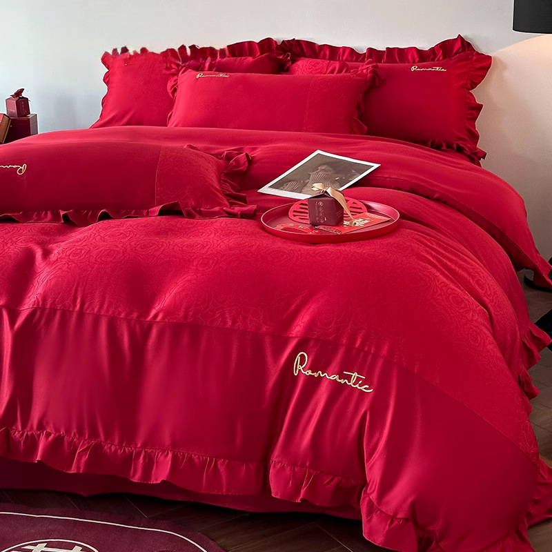 Juego de cuatro piezas de boda de alta gama, funda de edredón de algodón lavado rojo grande, sábana, sábana, ropa de cama para bodas