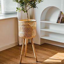 北欧实木藤编花架客厅沙发边几落地式竹编置物架墙角阳台花盆架子