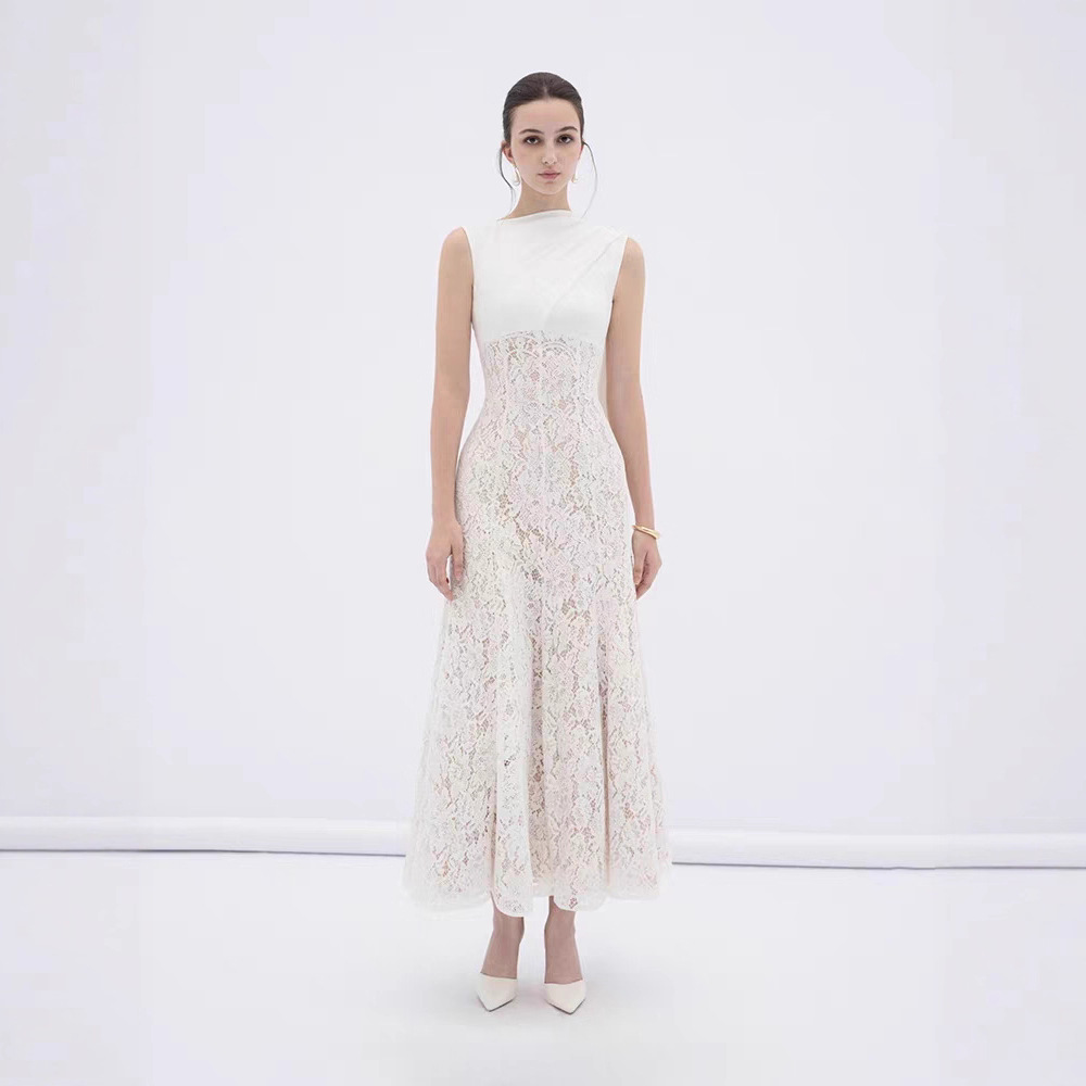 现货气质优雅蕾丝飘带无袖长裙新款越南小众设计收腰连衣裙50270