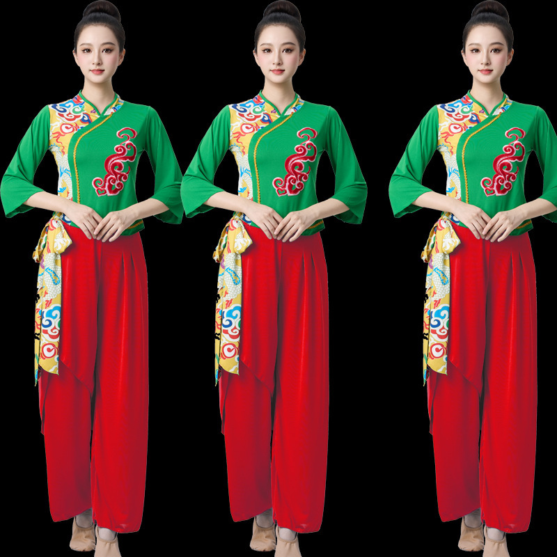 广场舞服装套装春夏陕北秧歌舞女腰鼓伞舞表演服民族风演出服长袖|undefined