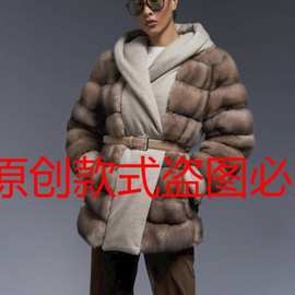 2023欧美跨境仿水貂毛外套女装秋冬新款连帽拼接人造皮草貂皮大衣