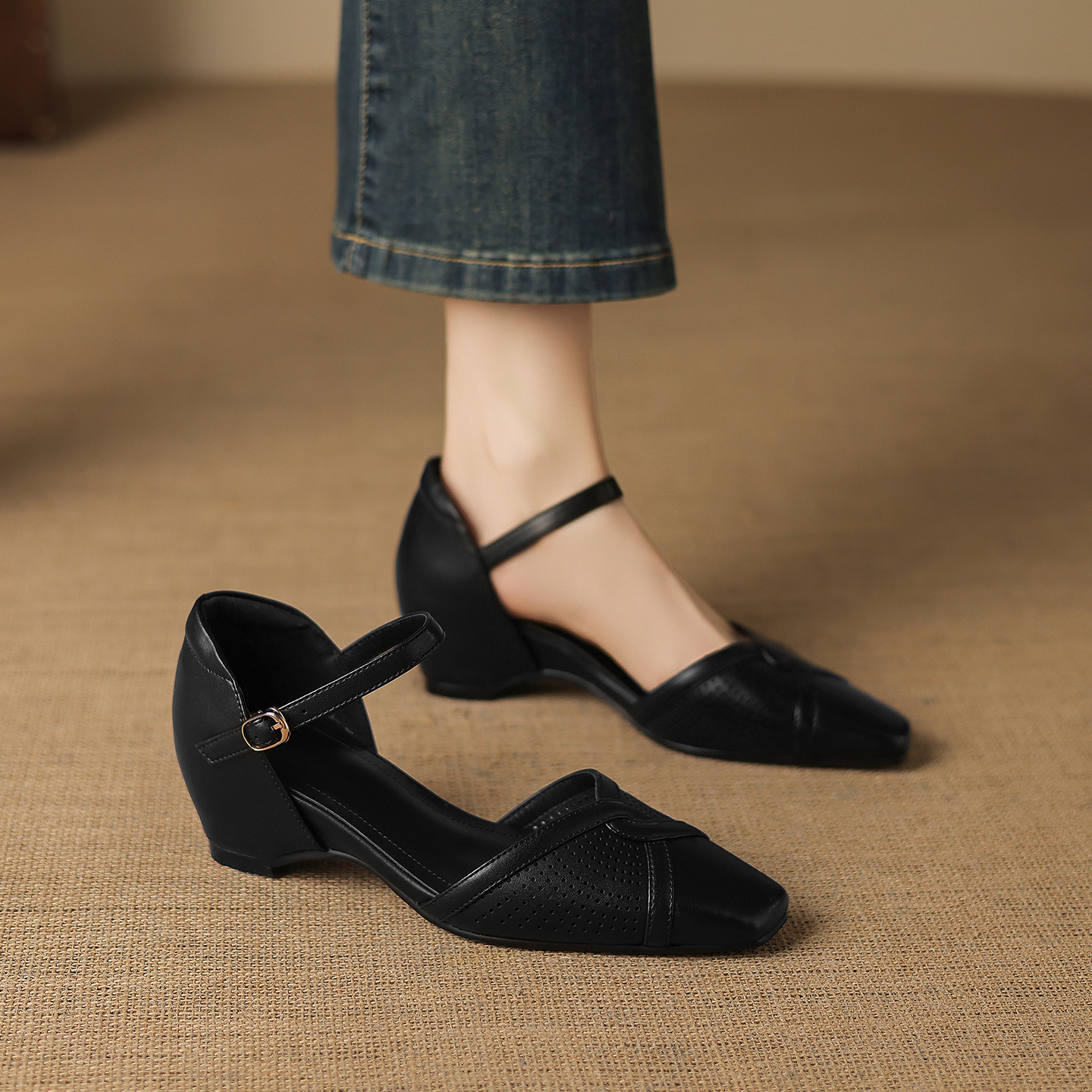 Sandal cao gót nữ quai ngang mũi vuông kiểu Pháp, gót thô ổn định — đen