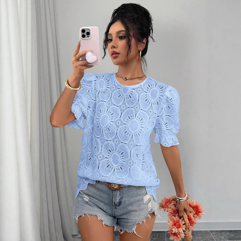 Cross-Border European and American Women's Clothing Amazon 2026 Summer Hot-Selling Casual Hollow-Out Lace Puff Short-Sleeve Shirt Top Cross-Border European and American Women's Clothing Amazon 2026 Summer Hot-Selling Casual Hollow-Out Lace Puff Short-Sleeve Shirt Top