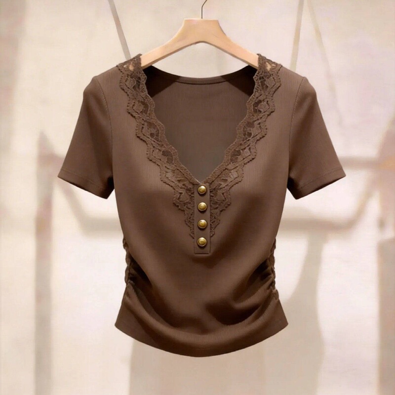 【40-Count 1*1 Cool Silk Cotton】V-Neck Short-Sleeve T-Shirt with Lace Splicing, Metal Buckle, Drawstring, Slim-Fit Base Shirt