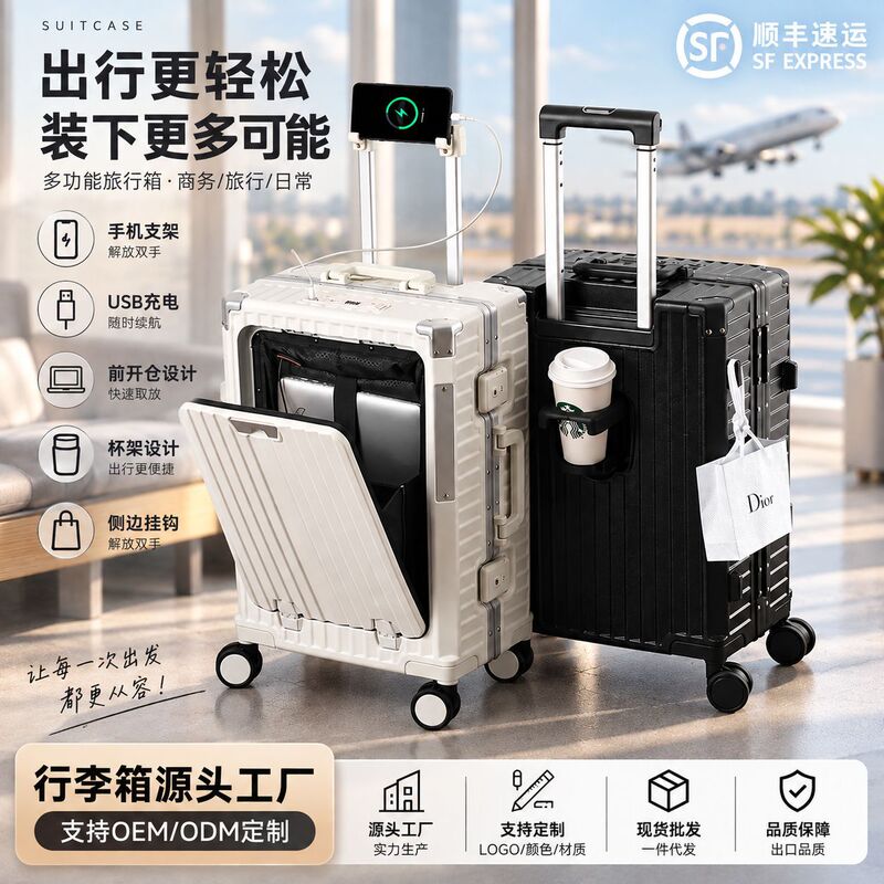 New front-opening suitcase with a large capacity, aluminum frame, and silent wheels; available for wholesale in single units; travel luggage New front-opening suitcase with a large capacity, aluminum frame, and silent wheels; available for wholesale in single units; travel luggage
