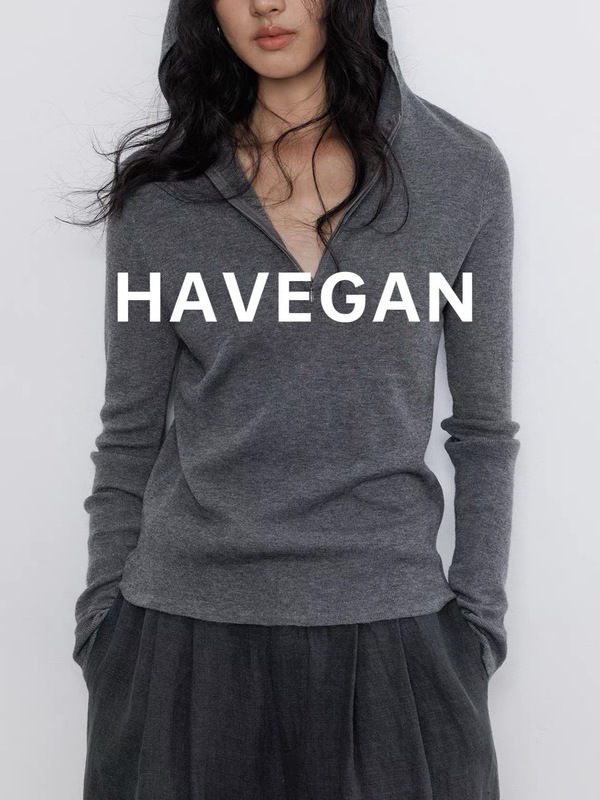 与间HAVEGAN/秋季连帽羊毛长袖针织衫女打底纯色慵懒弹力休闲上衣|undefined