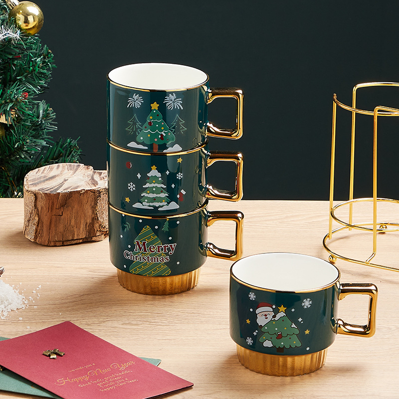 Amazon Venta caliente Navidad taza imprimible logotipo Taza de cerámica con estante Navidad regalo traje al por mayor
