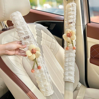 Cartoon Cute, High-End Car Interior — Seat belt shoulder pad - light-color-sunflower-puff-shoulder-pads-49cm-pair