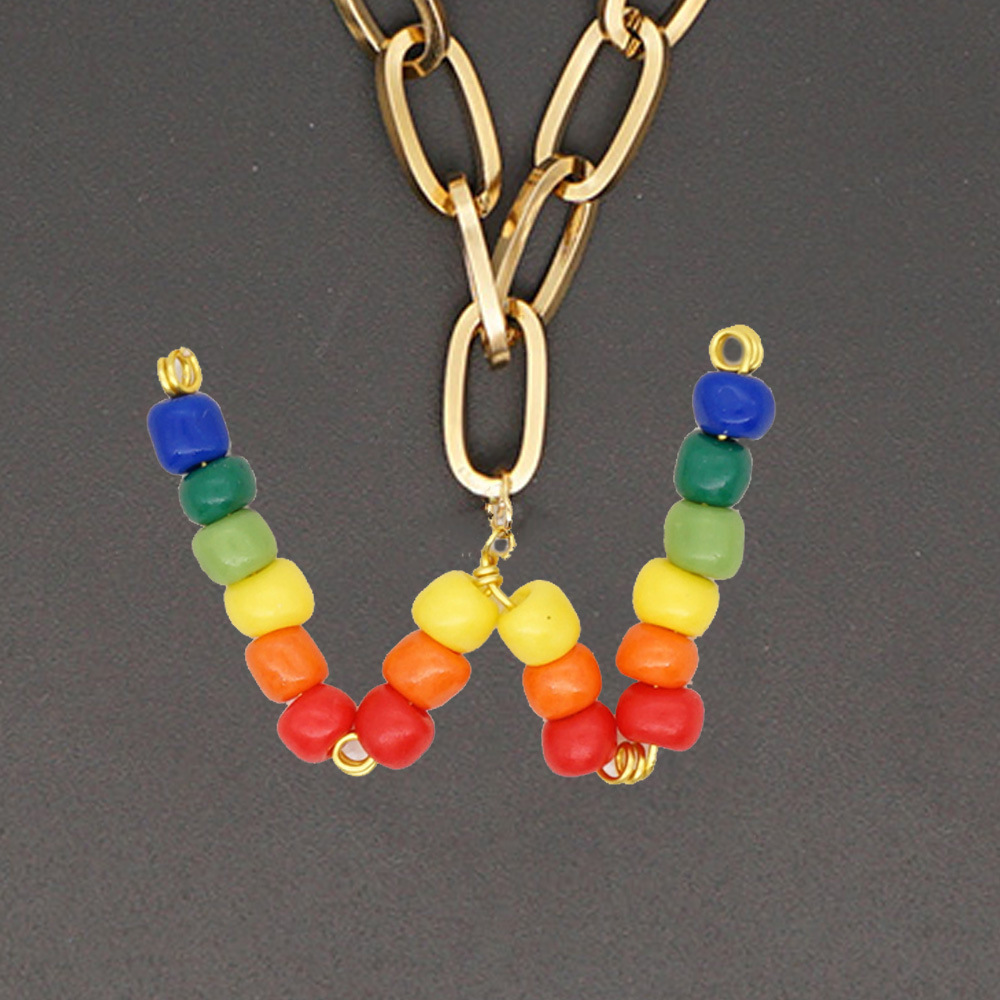 Stainless steel rainbow beaded 26 English letters necklace