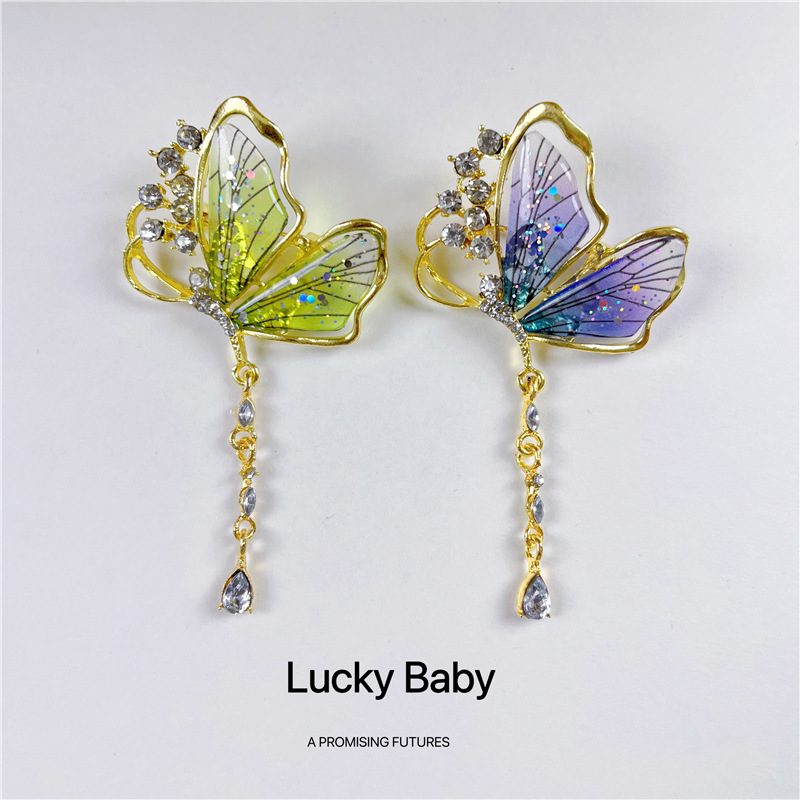 Translucent Butterfly Tassel Brooch Water Drop Pendant Butterfly Pin Accessible Luxury Exquisite Elegant Design High-End Women