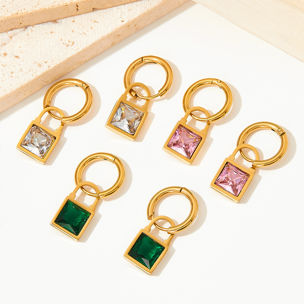 Retro Lock Stainless Steel Inlay Zircon Drop Earrings 1 Pair