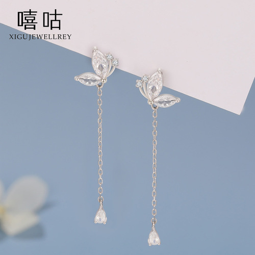 Xigu E1183 S925 silver small fresh butterfly diamond tassel earrings feminine forest style sweet earrings