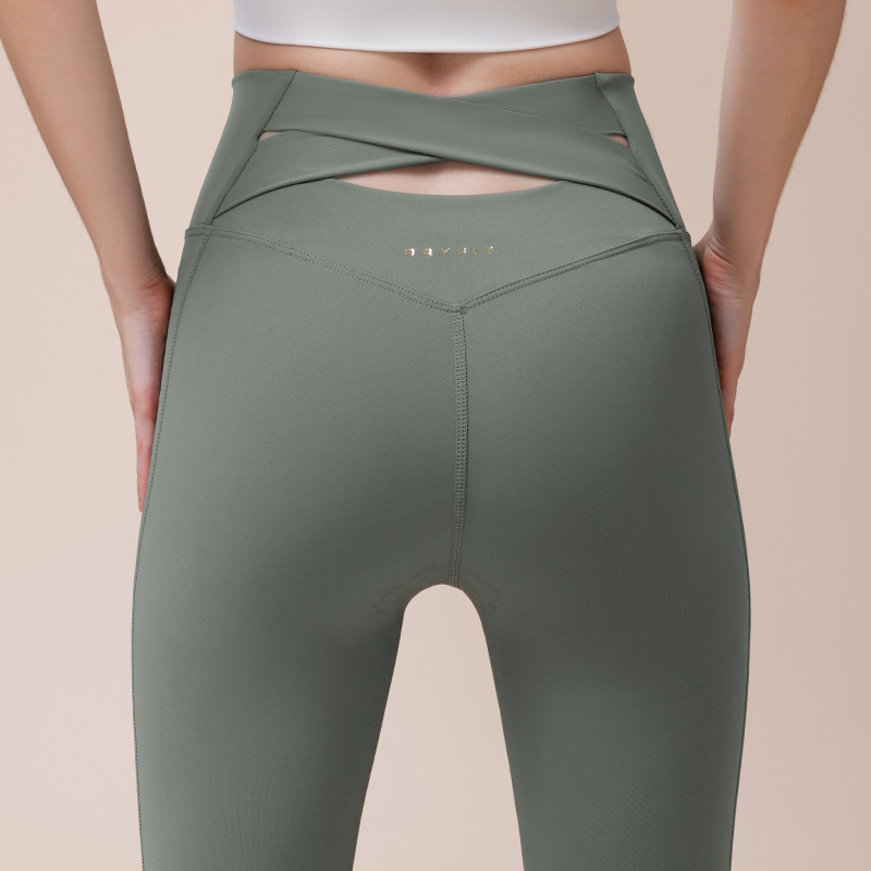 Pantalones de ropa de yoga desnudos para mujer, espalda cruzada, cintura alta ajustada de alta gama, cadera elástica, ropa deportiva de secado rápido, pantalones de fitness