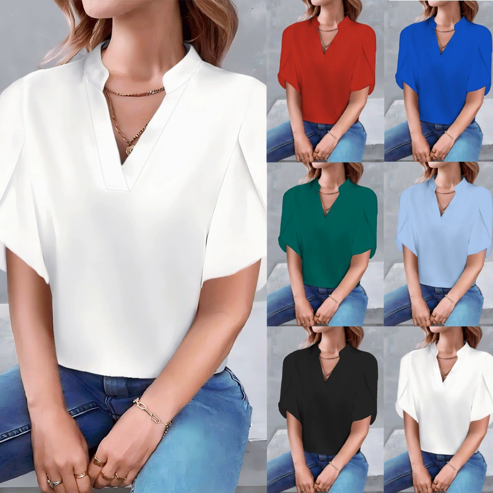 2025 Amazon Independent Station взрывная летняя мода минималистский V-образный вырез лепестки рукава сплошной цвет женская рубашка рубашка женская