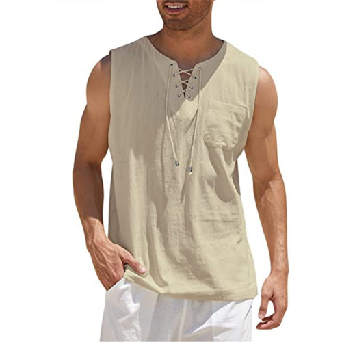 2025 Cross-border Amazon Hot Sale New Products Men's Vest Shirt Lace-up Fashion Solid Color Cotton and Lines Short Sleeve T-shirt