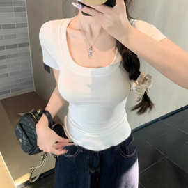 正肩短袖t恤女2026新款夏季爆款修身显瘦女装灰色上衣半袖体恤衫