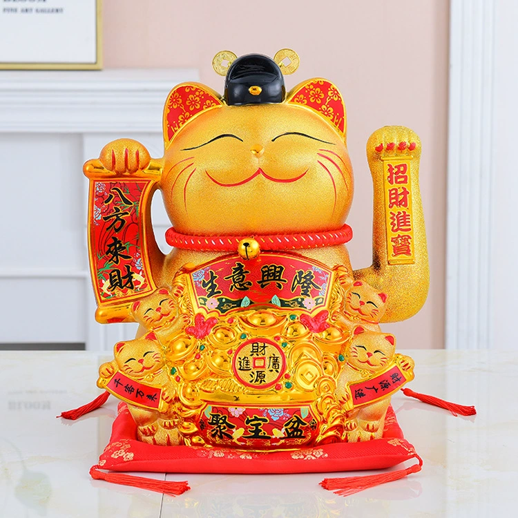 Ceramic Lucky Cat Automatic Waving Figurine, Golden, Plug-in or Rechargeable, Medium–Extra Large
