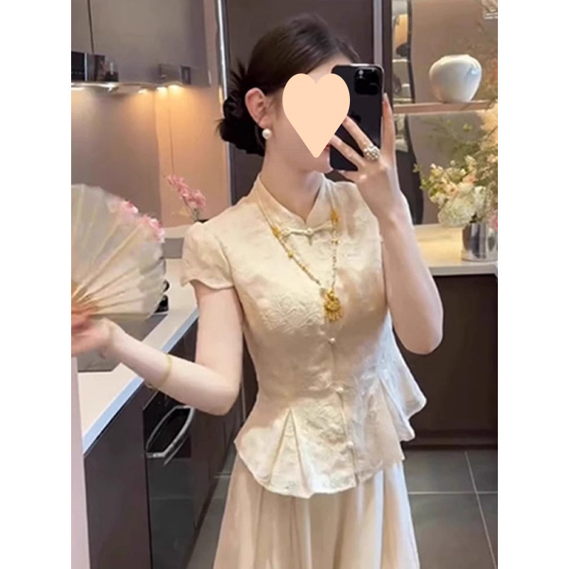 2025初夏穿搭胖新中式国风改良汉服杏色衬衫上衣高腰阔腿裤套装|undefined