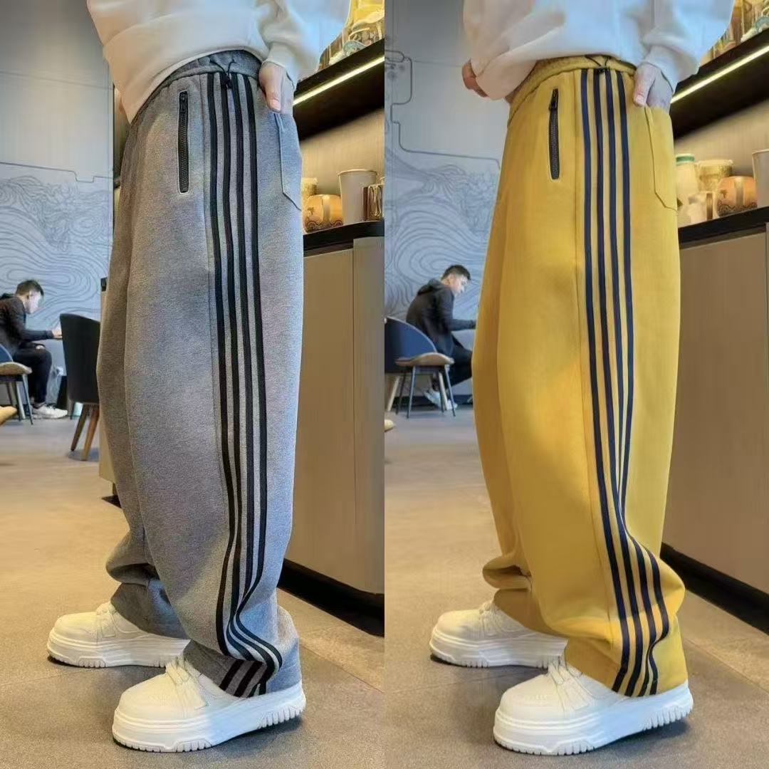 Men's Winter Straight Leg Pants 2025 Trendy Four Stripe Color Block Casual Sporty mid Waist Long Polyester Sweatpants_voghion.com