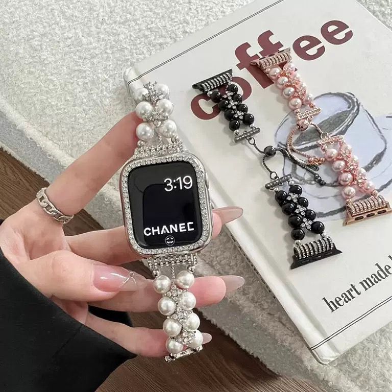 Beaded Strap for Apple Watch Apple Watch S10/SE Double Row Pearl Diamond Telescopic Chain Wristlet
