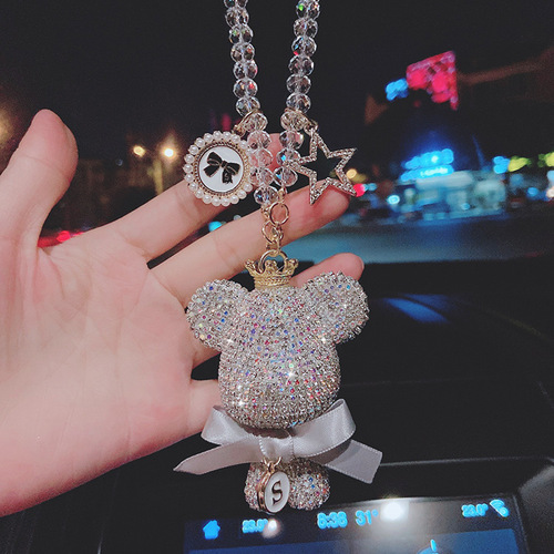 Car Ornament Feather Creative Personality Diamond-embellished Large-headed Violent Bear Car Rearview Mirror Decor Fashion Cute Lady