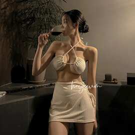 特价】hot新款分体泳衣女ins风性感绑带比基尼+围裙三件套bikini