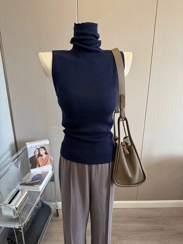 强推~简约堆堆领高领打底衫女修身无袖针织背心纯色气质内搭上衣|undefined